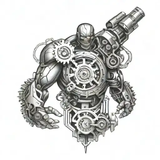 Bicep Tattoo That Looks Like Someone Is A Robot Under Their Skin With Gears And Circuits