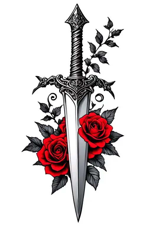 Dagger With Roses In Red Ink On Side Of Stomach