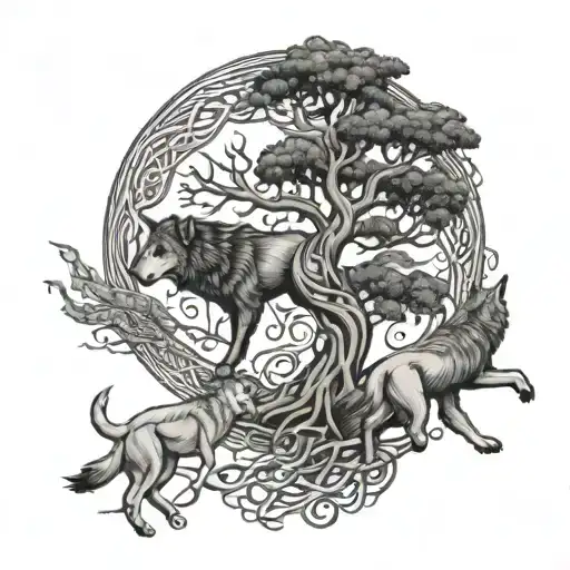 A Celtic Tree Of Life With Wolves Running Through Its Branches