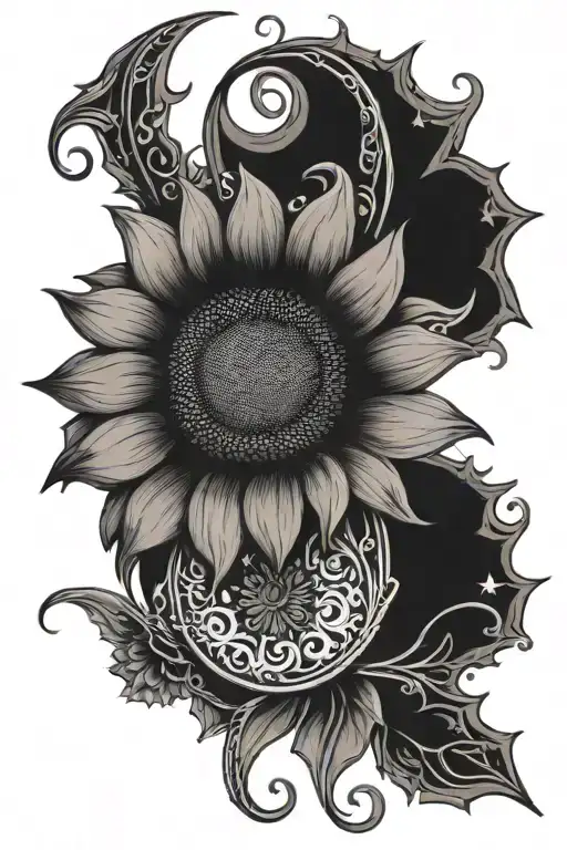 Sunflower And Crescent Moon With Stars Of All Kinds And Vine Like Lines In A Long Vertical Line