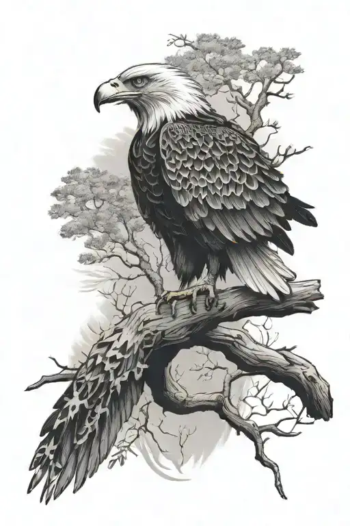Eagle On A Tree And Its Next To A Pond Surrounded By Grass