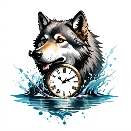 Wolf Head With Clock And Water