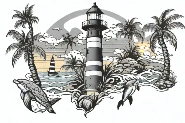 Beach Scene With Palm Trees And Light House And Underwater Scene With Sea Turtle And Dolphins