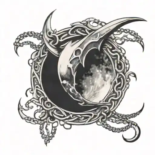 Crescent Shaped Moon With Chains Going Around The Arm