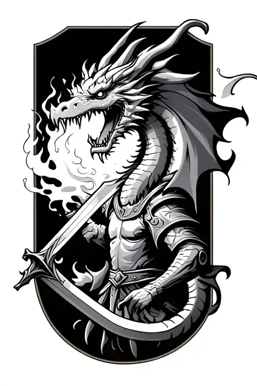 Medieval Dragon Breathing Fire At Knight Holding A Sword