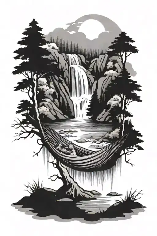 A Hammock In The Woods Beside A Raging River With A Majestic Waterfall