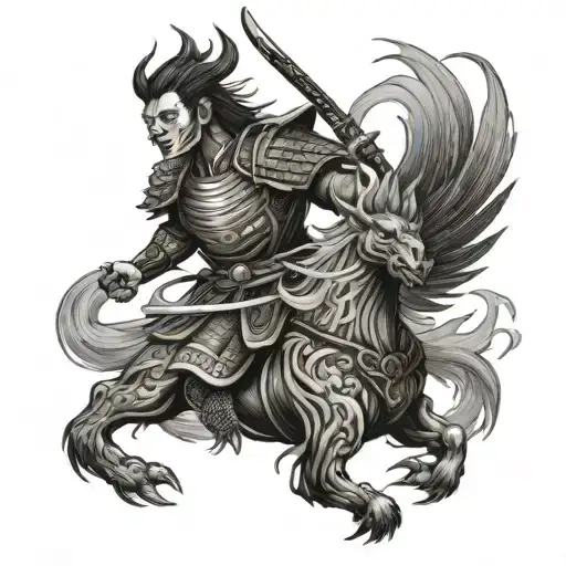 Samurai Warrior Battling A Mythical Creature Like A Phoenix Or Kirin