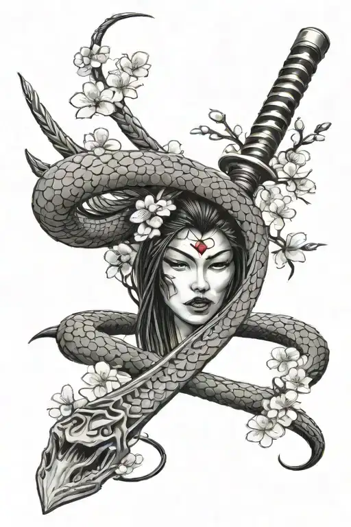 Katana With A Snake Coiled Around It And Cherry Blossom