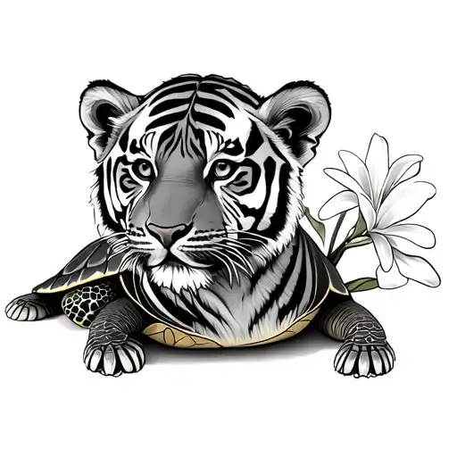 Tiger Cub And Turtle With Franjipani