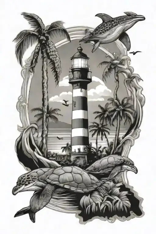 Beach Scene With Palm Trees And Light House And Underwater Scene With Sea Turtle And Dolphins