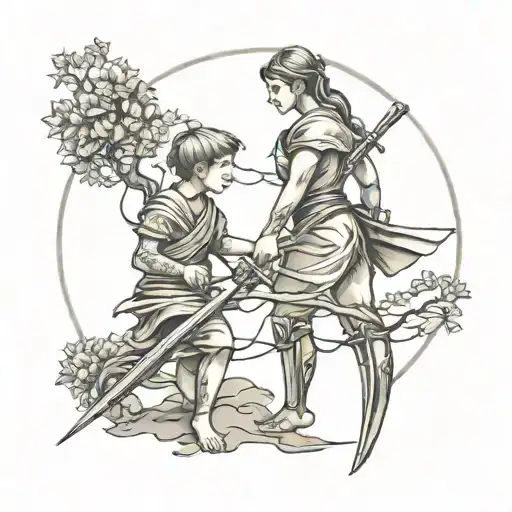 A Small Mother And Son Matching Tattoos With A Tree And Sword Without People