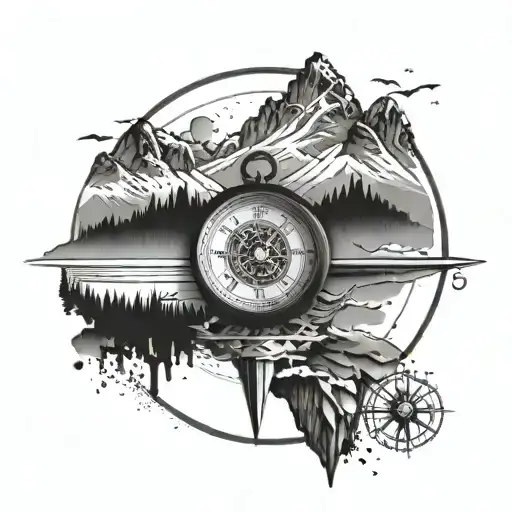 A Clock And A Compass Incorporating Mountains As Background