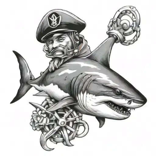 Great White Shark With An Anchor In Its Mouth And A Navy Sailor Hat On Its Head