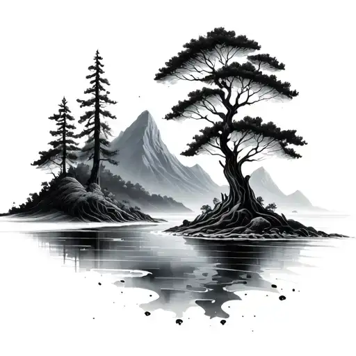 Fractal With Trees Mountains And Beach Scene