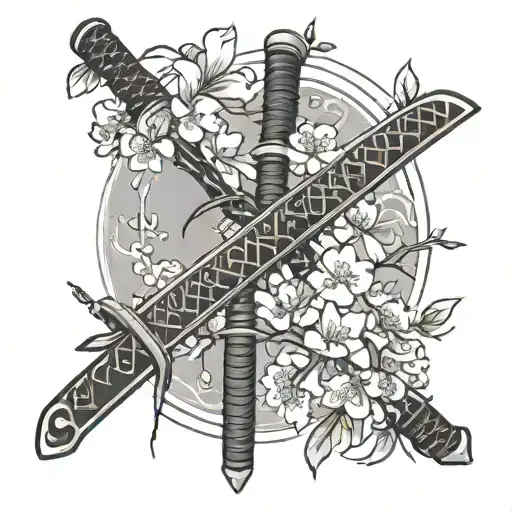 Japanese Katana With Japanese Cherry Blossoms Made In Blackwork And Dotwork Details