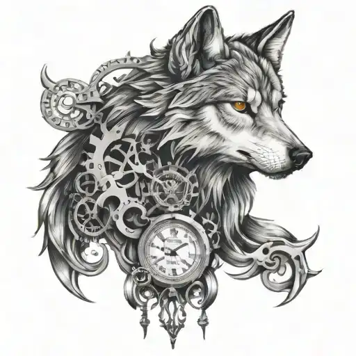 Wolf Face And Clock Mechanism Intertwined