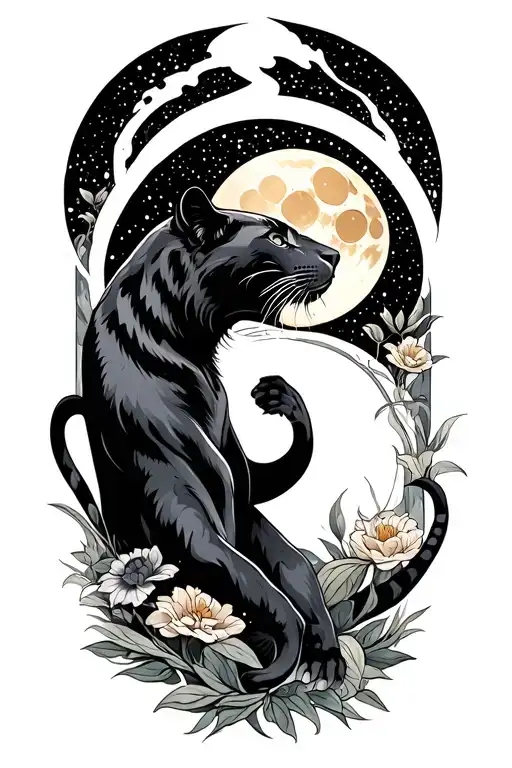 Mystical Panther Rising To Moon And Sun