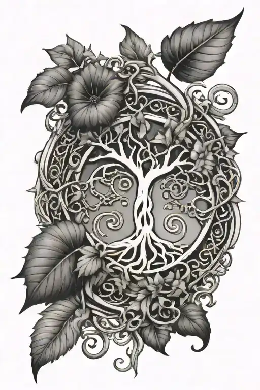 Pagan Symbols Intertwined With Morning Glorys And Yggdrasil