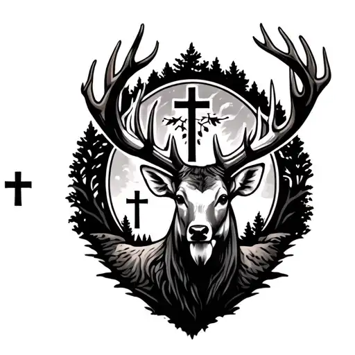 Buck With Cross And Tree Tattoo Design