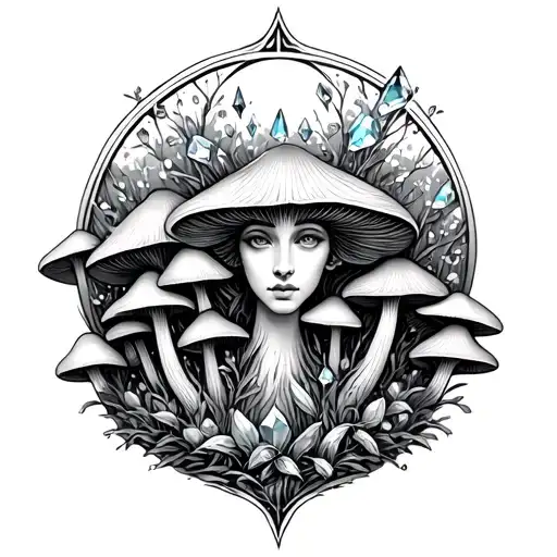 Virgo Symbol With Mushrooms And Crystals Growing