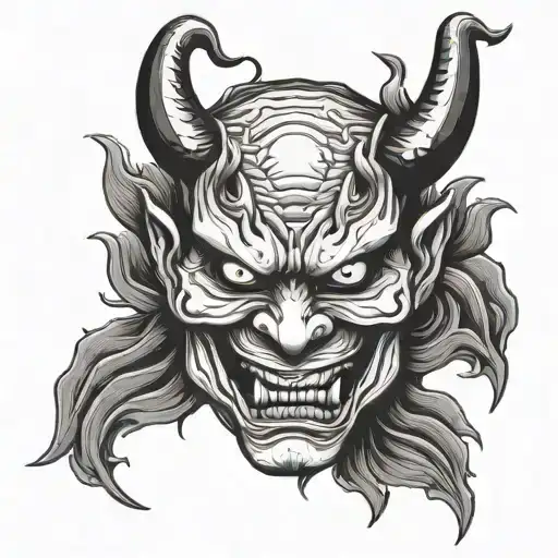 Demonic Menacing Scary Japanese Hannya In Skull Style Face Facing Straight In Black And White