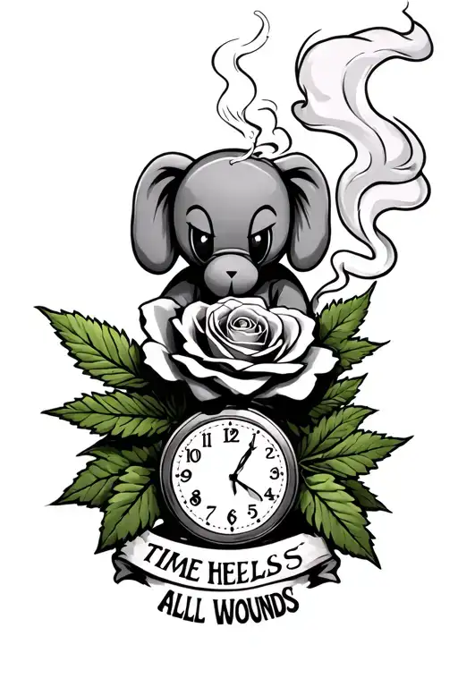 Kaws Smoking Weed On Top Of A Rose And Clock On The Bottom Saying Time Heals All Wounds