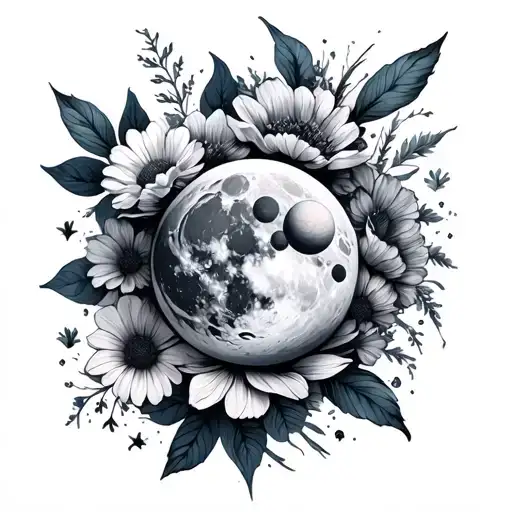 Moon And Planets Embedded In Different Flowers