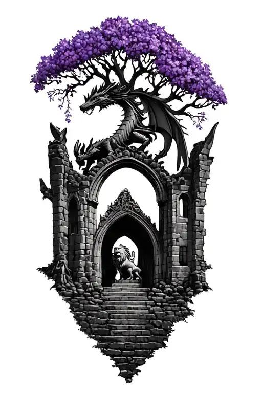 Gothic Castle Ruins In A Forest Has Old Oak Tree With The Violet Flower Dragon On Top Lion Statue