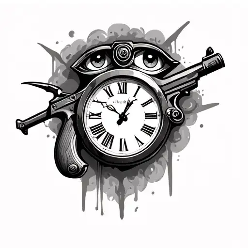 Clock Eyes And Gun Tattoo Design