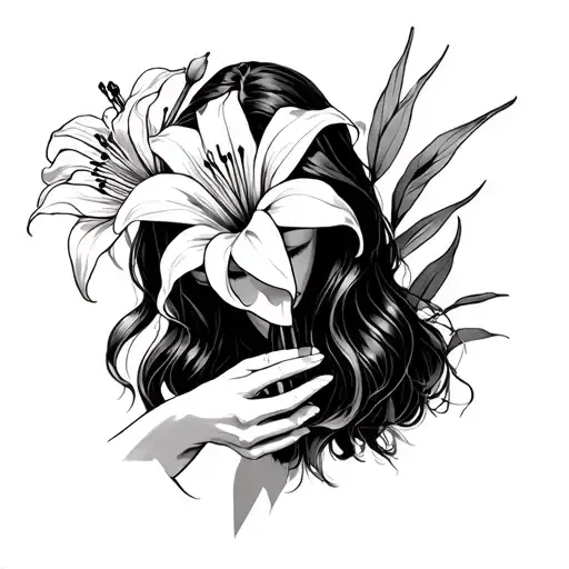 Woman With Her Head Bowed Down Hands Out Holding A Spider Lily