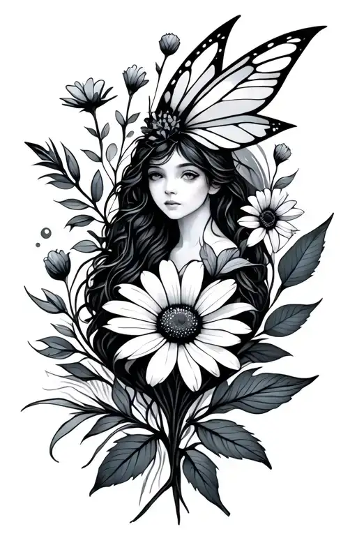 Wild Flowers Growing With Leaves And Wispy Geometric Shapes And A Fairy