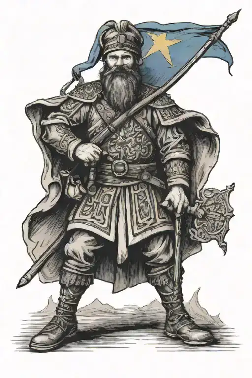 Full Body Of A Cossack Holding A Trident With A Ukrainian Flag In The Background