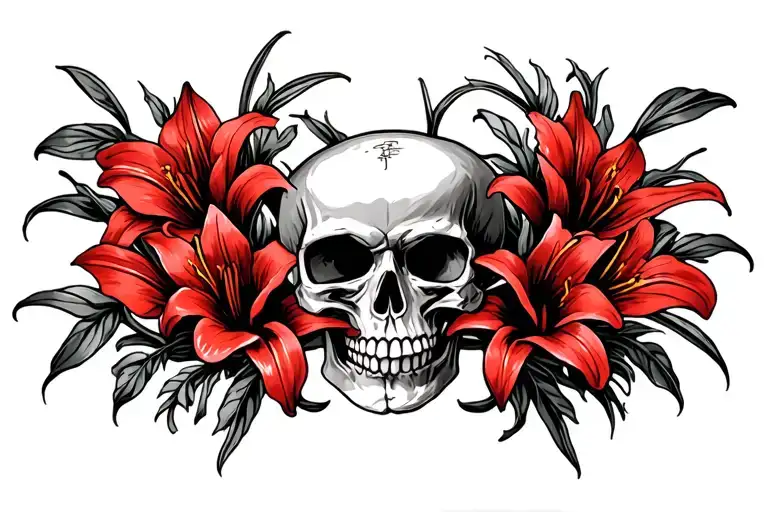 Small Skulls Intertwined With Red Lilies For The Inner Arm