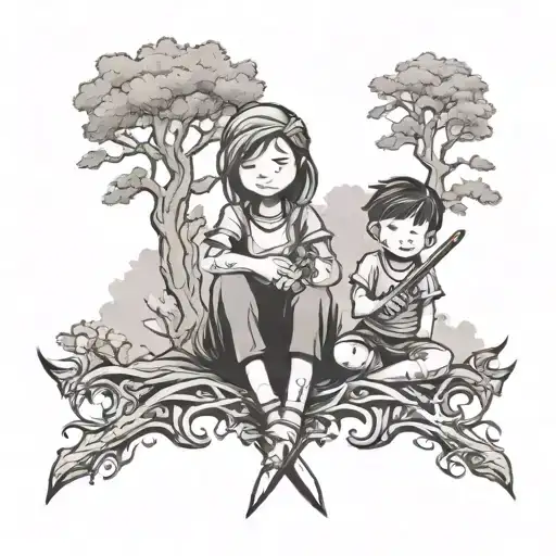 A Small Mother And Son Matching Tattoos With A Tree And Sword
