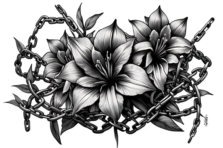 Multiple Broken Chains Intertwined With Amaryllis Flowers In The Background