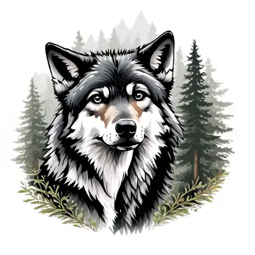 Wolf Pup And Mom Wolf With Forest