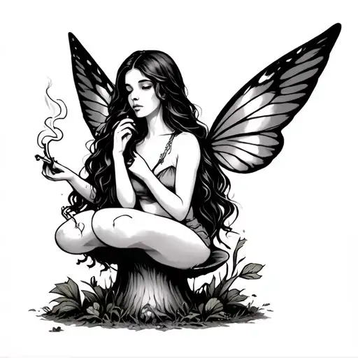 Fairy With Long Wings Long Hair Sitting Smoking Joint On Mushroom