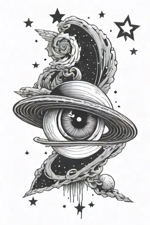 Giant Saturn In The Background With A Woman's Eye With Eyelashes In Front And Stars Around It