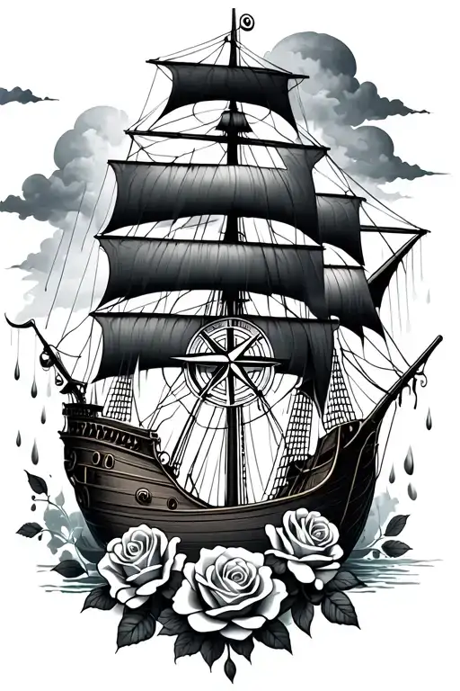 Pirate Ship With Compass Surrounded By Rain Cloud With Roses