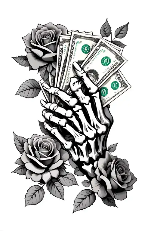 Skeleton Hand Holding Money And Other Skeleton Hands Around With Roses As Fillers