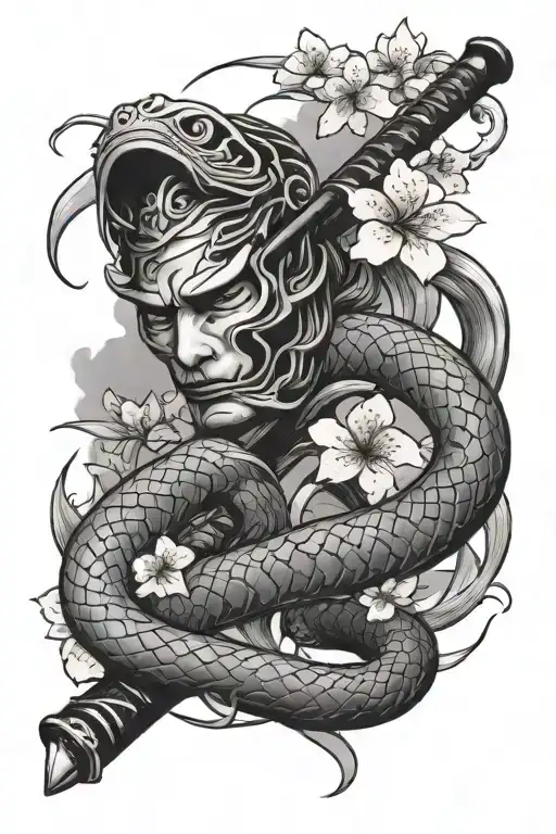 Katana With A Snake Coiled Around It And Cherry Blossom
