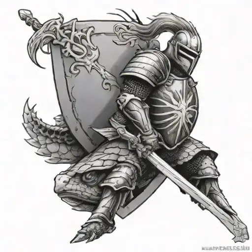 Knight Kneeling At Cross With Flaming Sword And Shield With Turtle On Shield