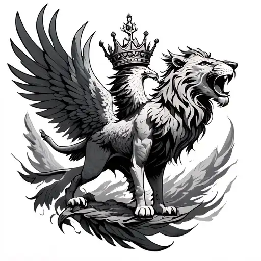 Rising Phoenix Flying And Lion Roaring With A Crown