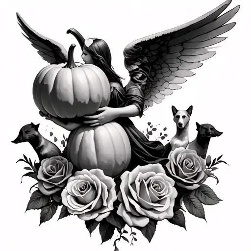 Angel Holding A Pumpkin Surrounded With Roses And Doges