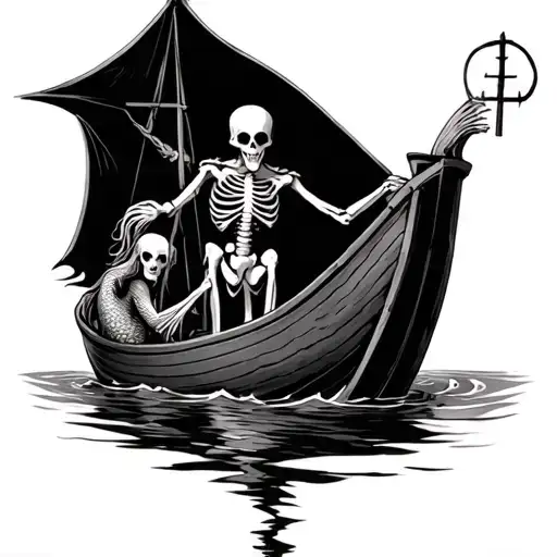 Charon The Ferryman With A Skeleton Mermaid Reaching His Hand To The Boat But Is Submerged In Water