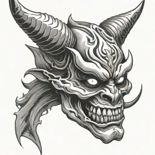 Demonic Menacing Scary Japanese Hannya In Skull Style Face In Black And White