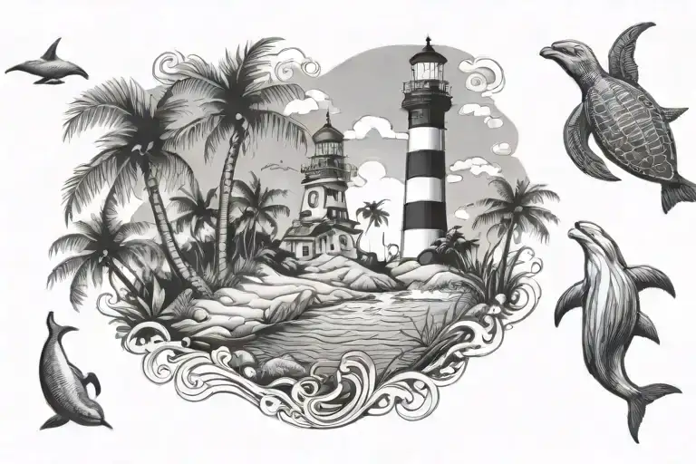 Beach Scene With Palm Trees And Light House And Underwater Scene With Sea Turtle And Dolphins