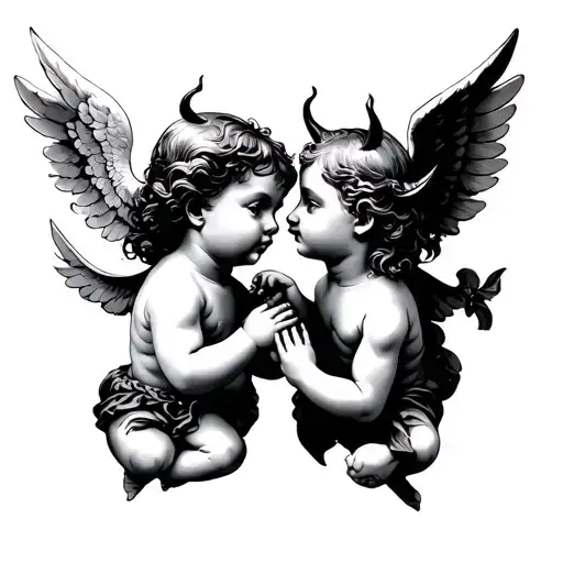 Cherub Angel And Cherub Devil Whispering Into And Ear