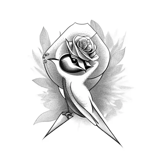 A Black And Grey Tattoo Of A Chicano Style Bird Holding A Rose In Its Beak
