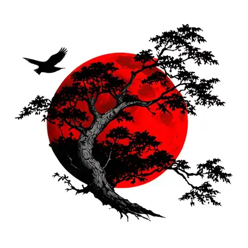 Oak Tree With Bamboo Forest Magpie Bird Flying Away And Full Red Moon